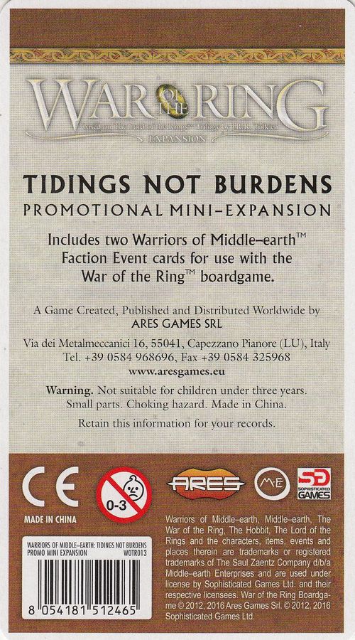 War of the Ring: Warriors of Middle-Earth – Tidings Not Burdens Mini-Expansion for use with the board game W, War of the Ring, sold at the BoardGameGeek Store