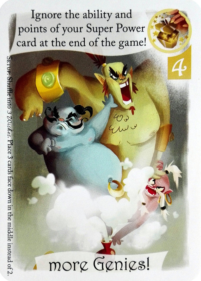 The promo card "More Genies!" for use with the board game 3 Wishes
