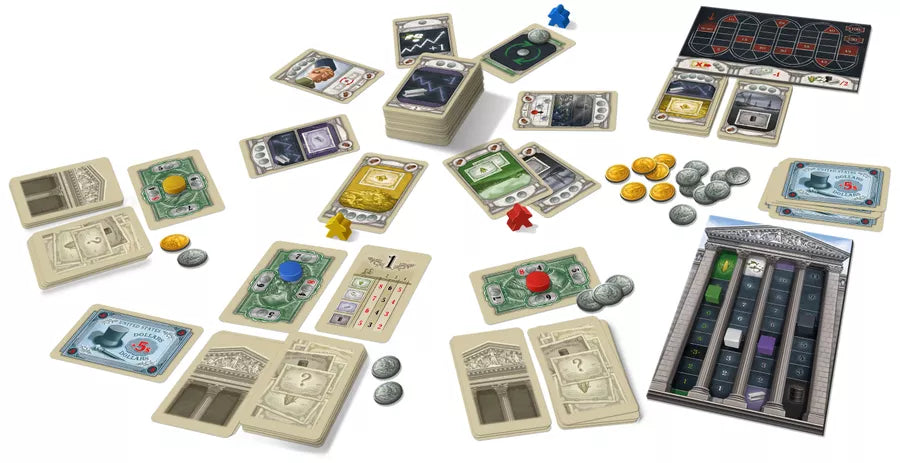 Overview of all of the components from the board game 1920: Wall Street ready to play