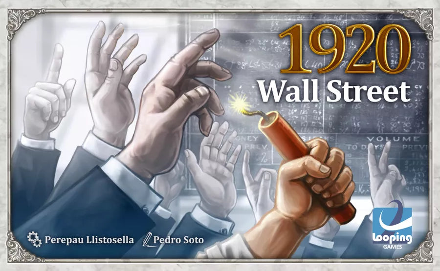 Cover image of the board game 1920: Wall Street. Hands raised to buy and sell stock, and one is holding a stick of dynamite.