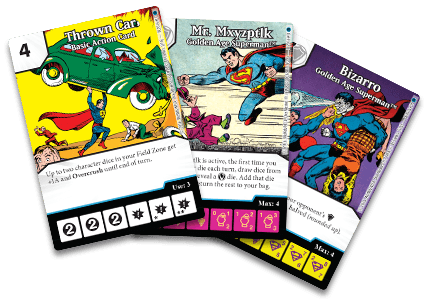 DC Comics Dice Masters: Golden Age Superman Promo Cards for use with the board game D, DC Comics Dice Masters, sold at the BoardGameGeek Store