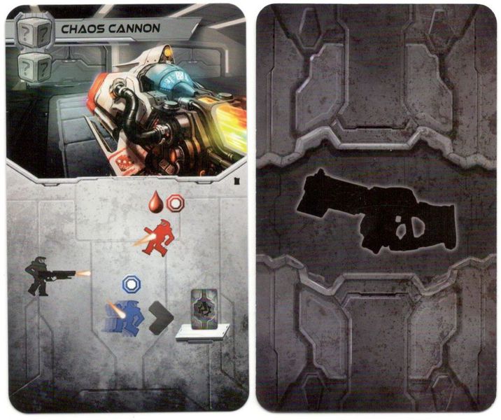 Side by side image of the front and back of the promo card Chaos Cannon for the board game Adrenaline, depicting a futuristic weapon on the top half of the card and the symbols that describe the card's effect in the game on the bottom half.