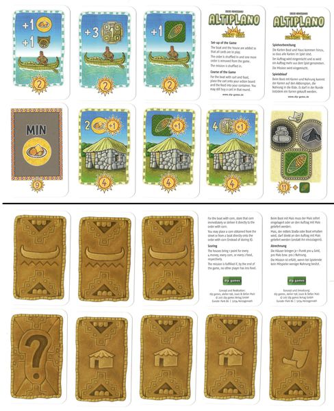 A composite image displaying the fronts and back of the 10 cards included in the Sunny Days promo, for use with the board game Altiplano. Two of the ten cards are instructions, and the other eight are used within the game.