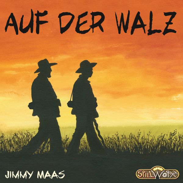 The cover image for the board game Auf Der Walz, showing the silhouettes of two men in hats walking in the grass against a sunset sky.