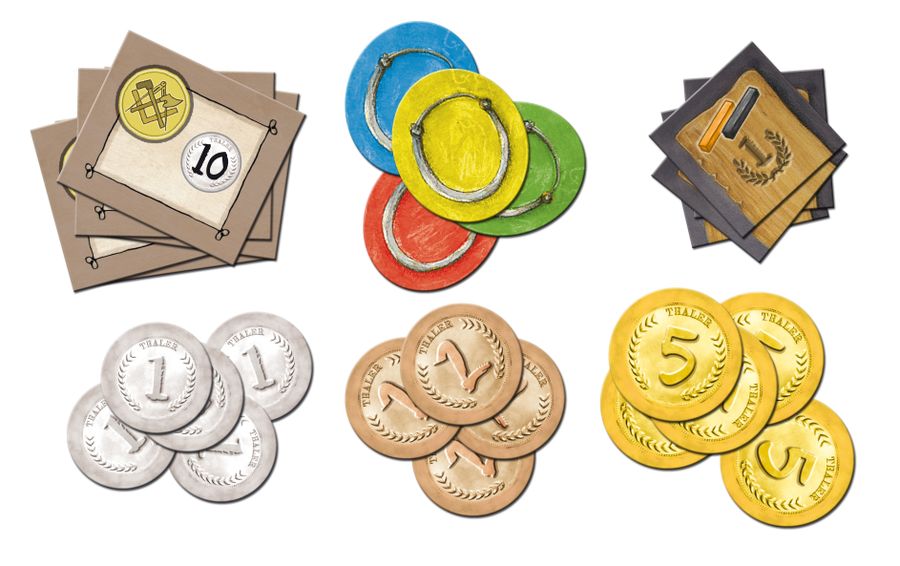 A composite image of some of the components from the board game Auf der Walz, including coins of three different denominations and colors, tiles with symbols and numbers printed on them, as four round tokens in bright colors.