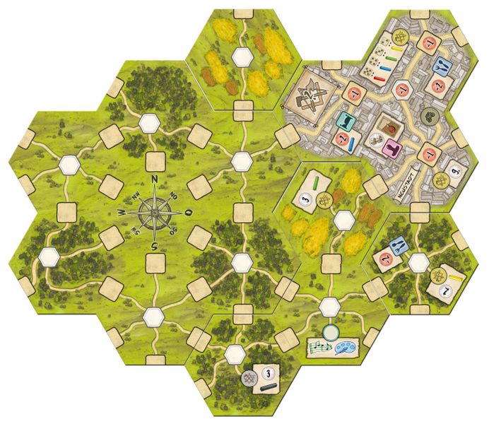 An overview image of the game board for the board game Auf der Walz, showing a landscape from overhead, with a city in the top right, various square locations connected by roads, and a compass in the center left.