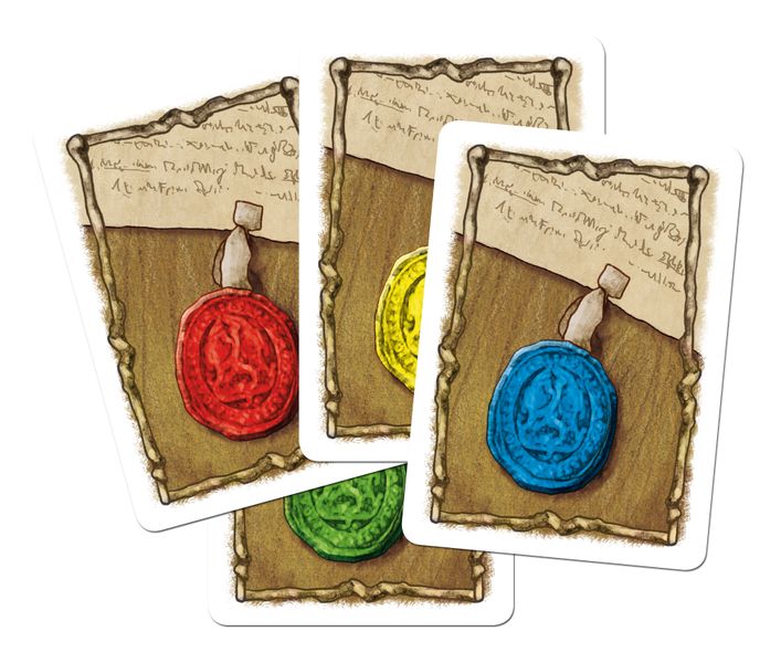 Examples of four cards from the board game Auf der Walz, picturing a wax seal dangling off the edge of a piece of paper. The seal is a different color on each of the four cards.
