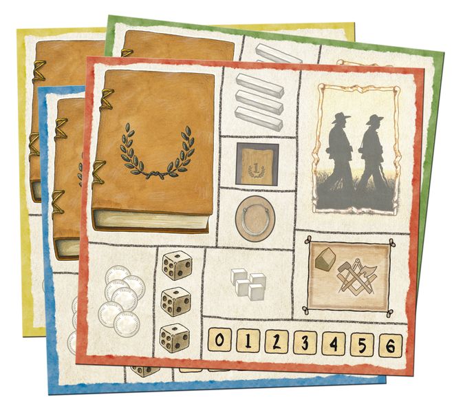 Examples of the four player boards from the board game Auf der Walz, displaying various square and rectangular sections with different images inside of each: numbers, dice, cubes, bars, coins, a book, and a muted version of the game's cover image of two men walking.