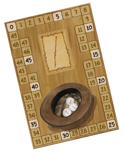 The scoring track from the board game Auf der Walz, showing a track of numbers from 0-49 around the edge of this board, and an image of an upturned hat with coins inside in the middle.