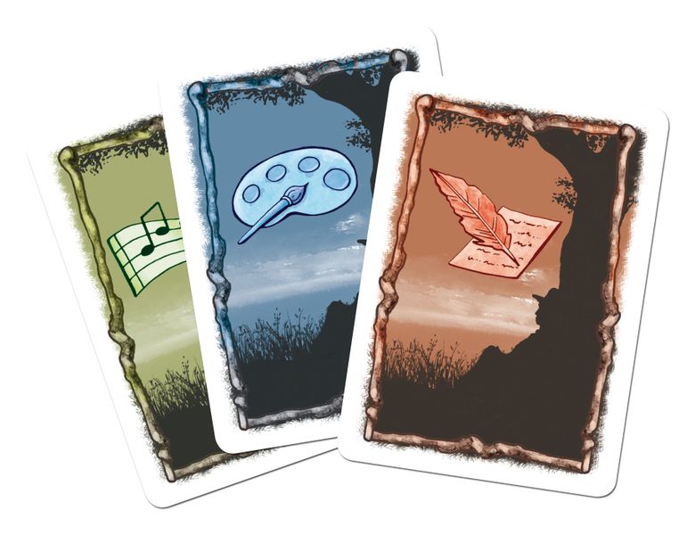 Three example cards from the board game Auf dew Walz. Each card has a silhouette of a man sitting against a tree trunk. On each card is an additional, unique image, of a music staff, a painting palette, and a feather pen and paper. 