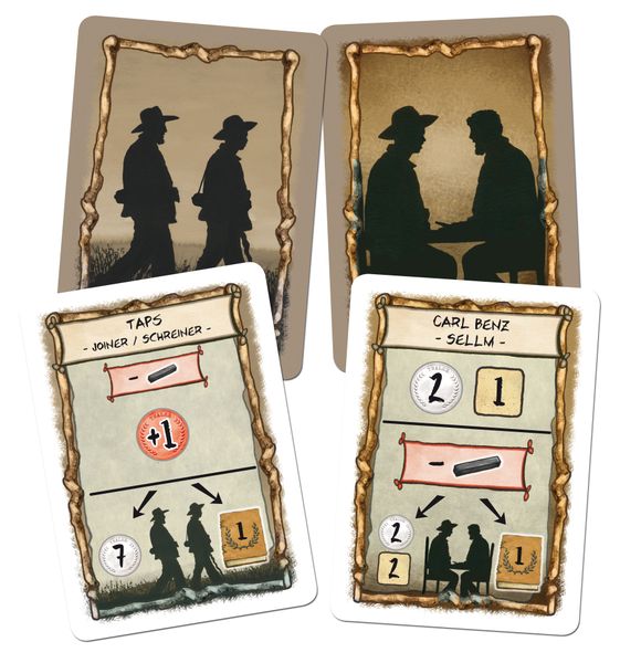 Four example cards from the board game Auf der Walz. Two cards show the back image of the silhouettes of men walking and sitting at a table. The other two cards have the card's name at the top and the symbols that describe the card's effect in the game at the bottom.