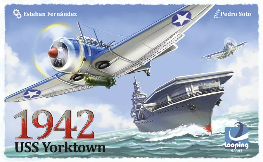Cover image from the board game 1942: USS Yorktown. A WWII plane lifting off from an air craft carrier