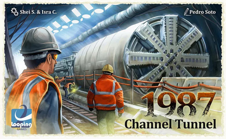 Cover image from the board game 1987: Channel Tunnel, depicting workers in modern safety gear in front of a tunnel drilling machine