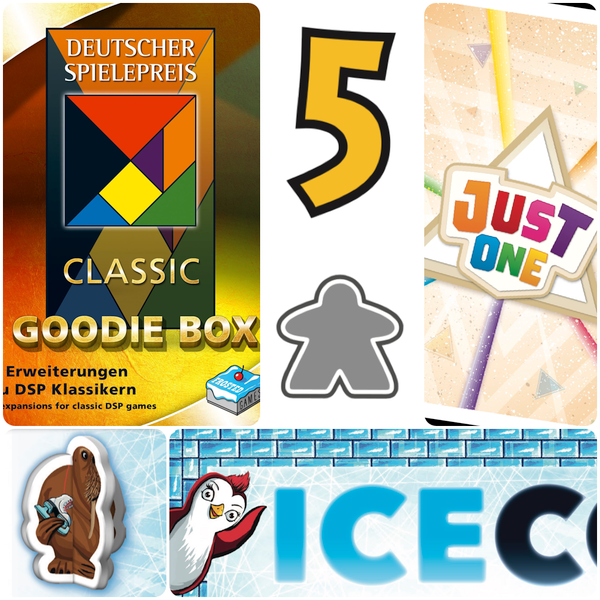 Deutscher Spielepreis 2019 Classics Goodie Box for use with the board game I, ICECOOL, Imhotep, Imhotep Duel, J, Just One, L, Leo (muss zum Friseur), P, Puerto Rico, sold at the BoardGameGeek Store