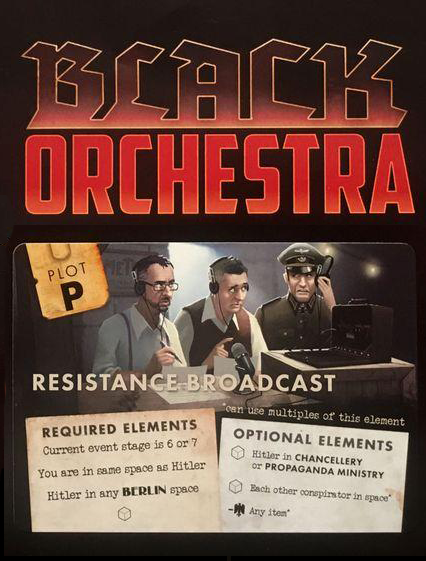The front illustration of Resistance Broadcast promo, for use with the board game Black Orchestra. The game's name is printed at the top, with am illustration of three men wearing headphones sitting in front of radio equipment, and instruction for use of this promo within the game at the bottom.