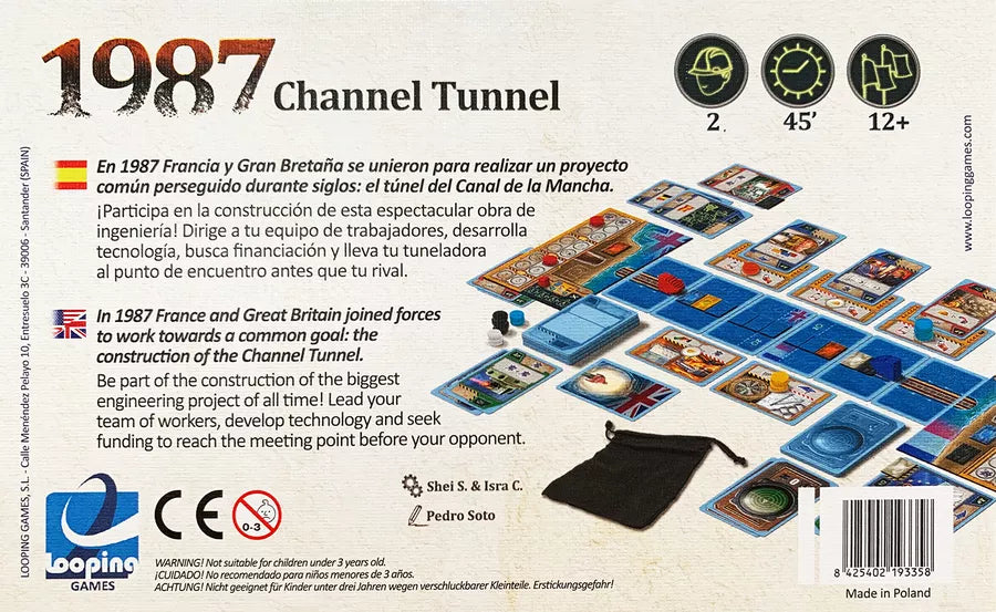 Back of the game box from the board game 1987: Channel Tunnel, with text in both Spanish and English.