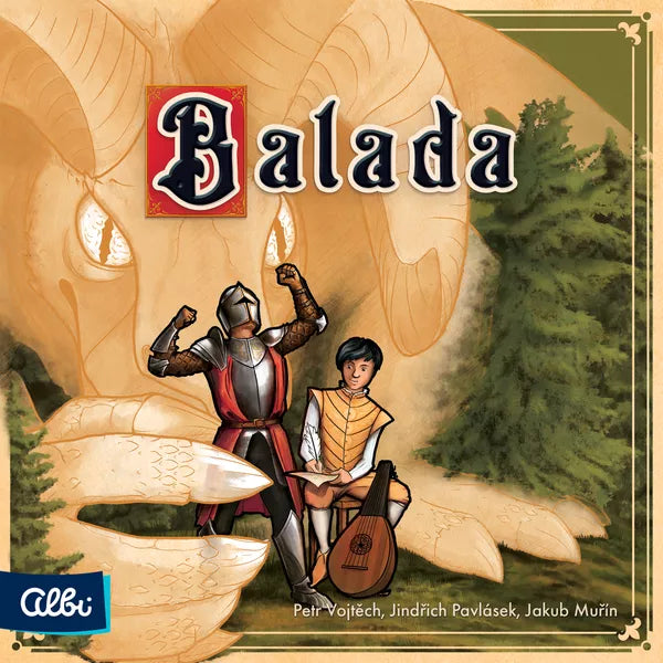 The cover image of the board game Balada, depicting a knight in armor, a bard with a lute, and a gold dragon in the background about to grasp the knight in its claws.