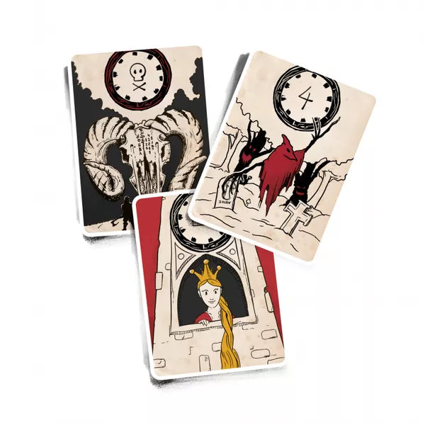 Three example cards from the board game Balada, displaying a monster's skull and the number 6, red ghost in a graveyard with the number 4, and a princess with long hair in a tower window.