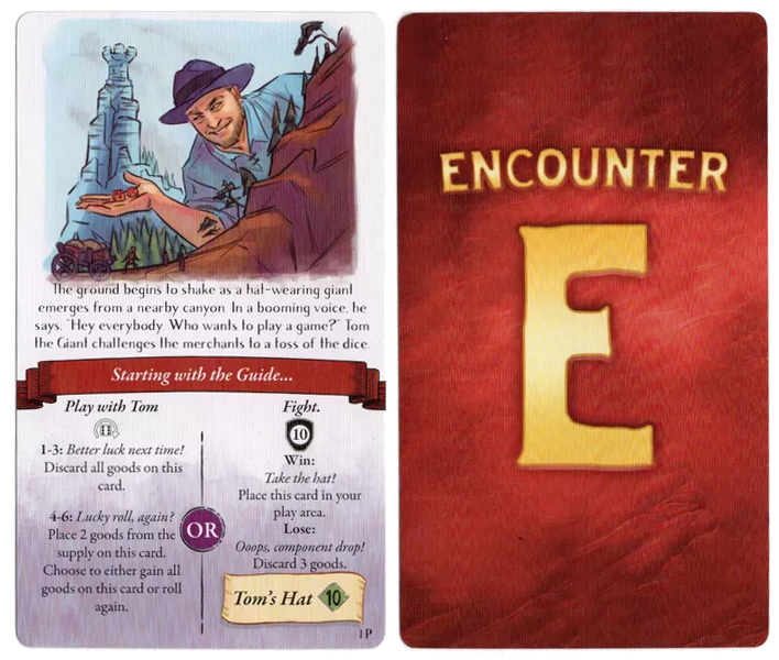An image of the front and back of the Dice Tower 2021 Promo Card for use with the board game Almanac. The front of the card shows a man in a blue hat holding a pair of dice while standing in a mountainous landscape on the top half, and the text that describes the card's effect in the game on the bottom half. The back of the card is red and says "Encounter E".