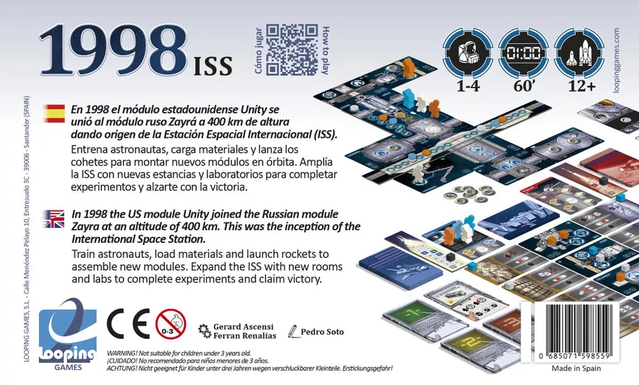 Back of the game box from the board game 1998: ISS, with text in both Spanish and English