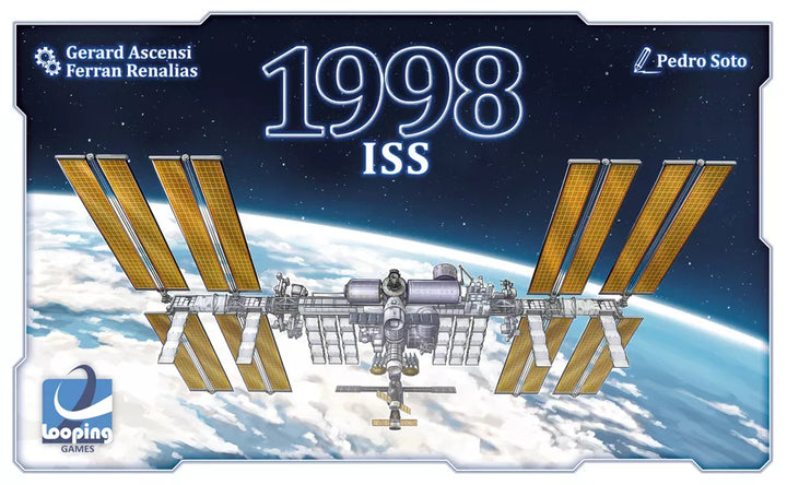 Cover image from the board game 1998: ISS, depicting the International Space Station floating above the Earth