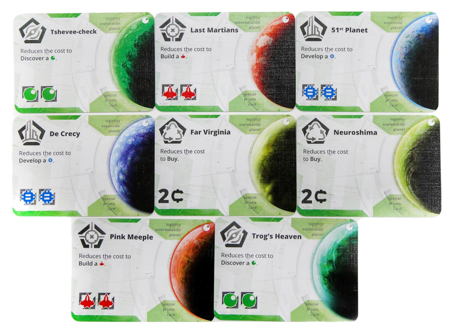 A display of eight cards for use with the board game Alien Artifacts. Each card has a different colored planet on the right side, and a unique name and text description on the left side.
