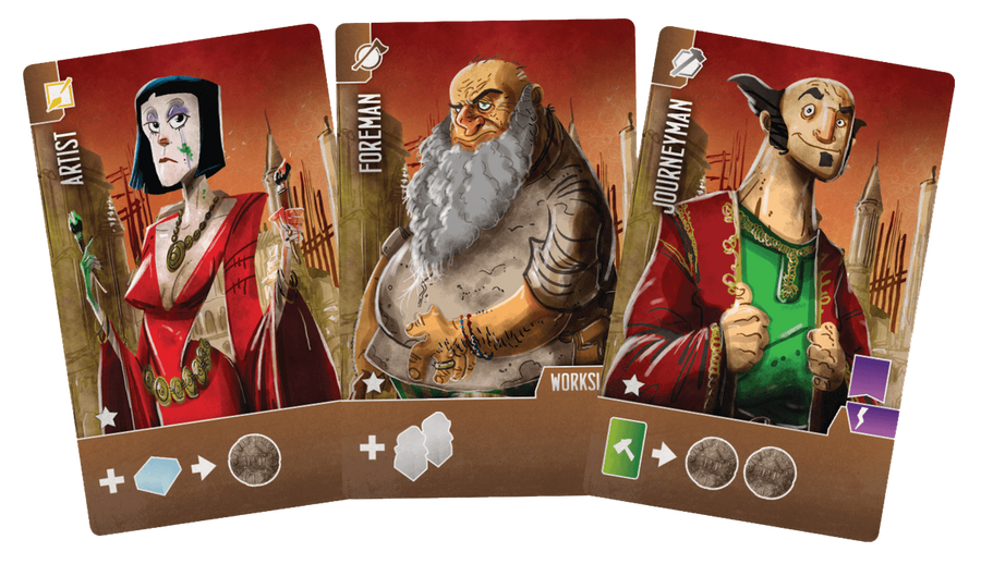 A set of three cards for use with the board game Architects of the West Kingdom. Each card depicts a single figure, a unique name on the left side, and the symbols that describe the card's effect in the game at the bottom.