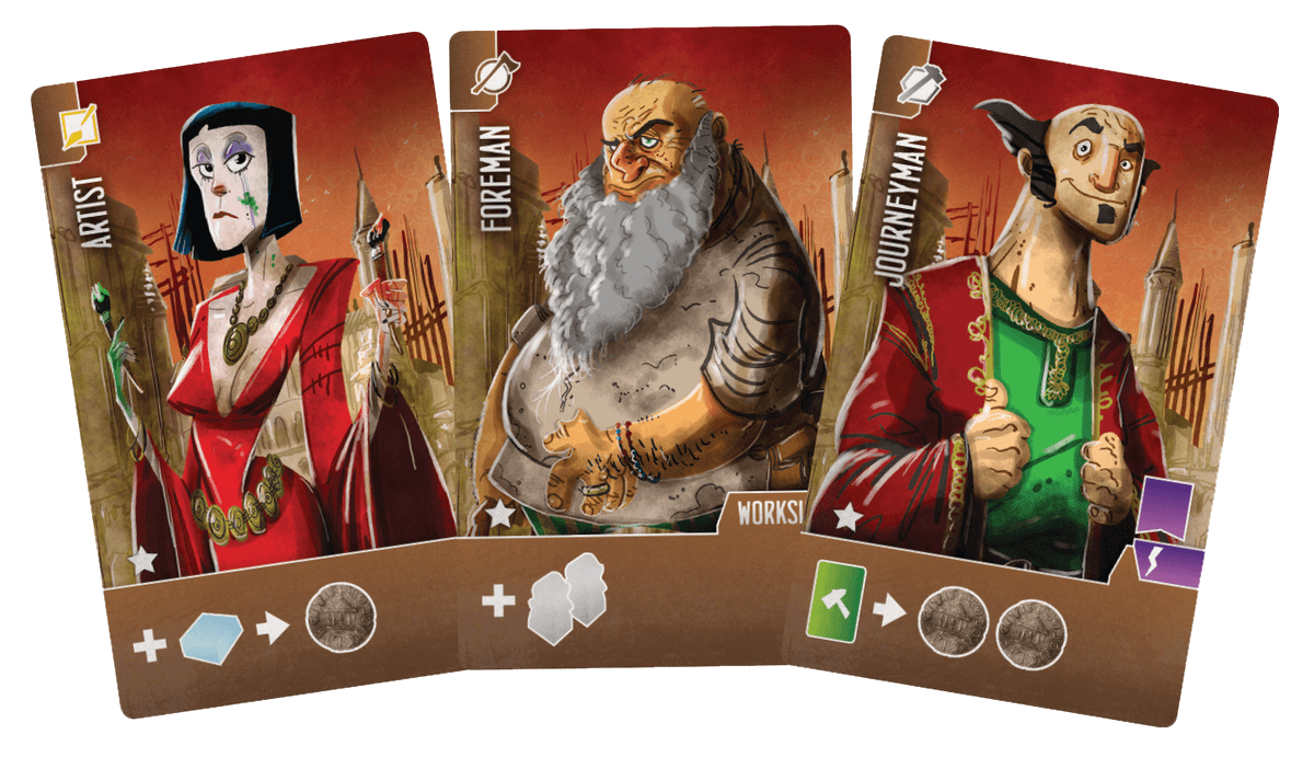 A set of three cards for use with the board game Architects of the West Kingdom. Each card depicts a single figure, a unique name on the left side, and the symbols that describe the card's effect in the game at the bottom.