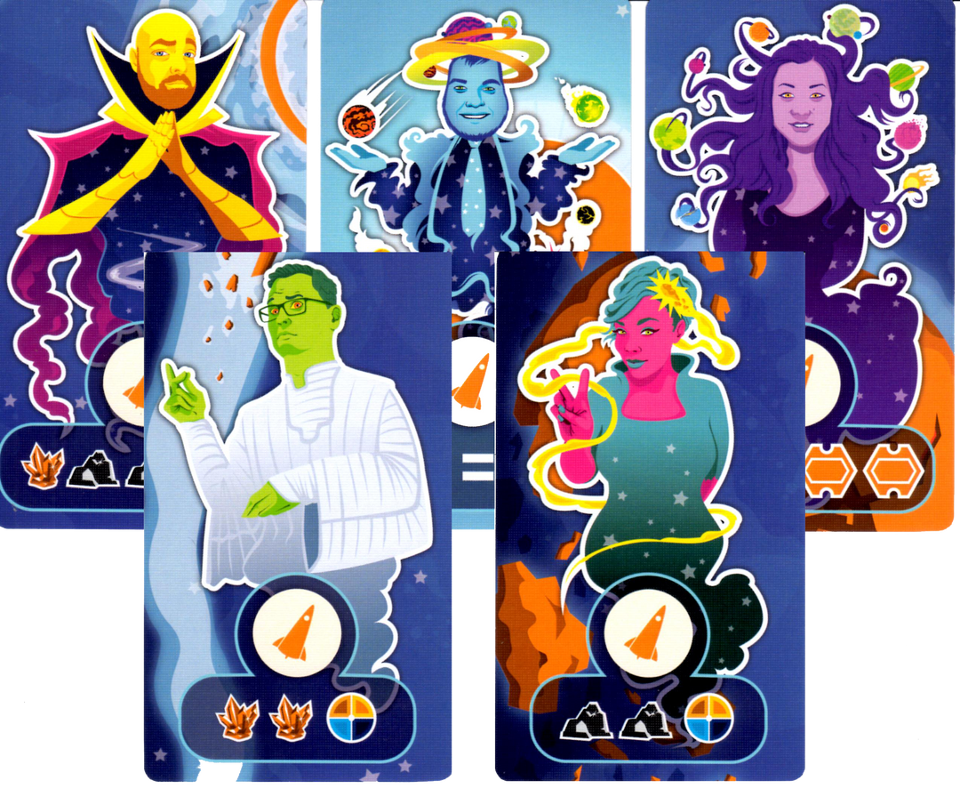 A composite image of the five cards in The Dice Tower 2020 Promo Pack, for use with the board game Asking For Trobils. Each card features a hippy, retro illustration of a single person, with the symbols that describe that card's effects in the game at the bottom.