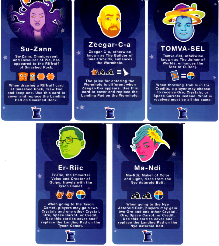 A composite image of the five cards in The Dice Tower 2020 Promo Pack, for use with the board game Asking For Trobils. Each card features a hippy, retro illustration of a single person's face, with the text that describe that card's name and effects in the game at the bottom.