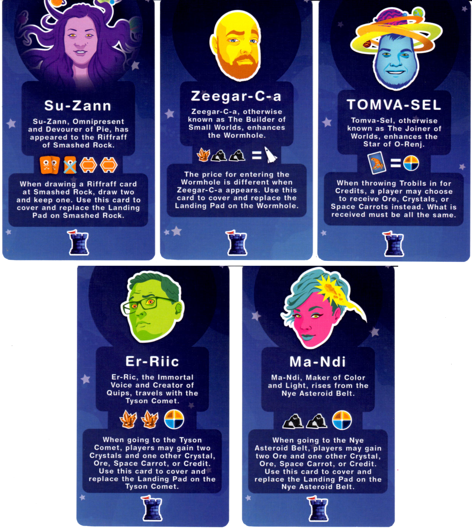 A composite image of the five cards in The Dice Tower 2020 Promo Pack, for use with the board game Asking For Trobils. Each card features a hippy, retro illustration of a single person's face, with the text that describe that card's name and effects in the game at the bottom.