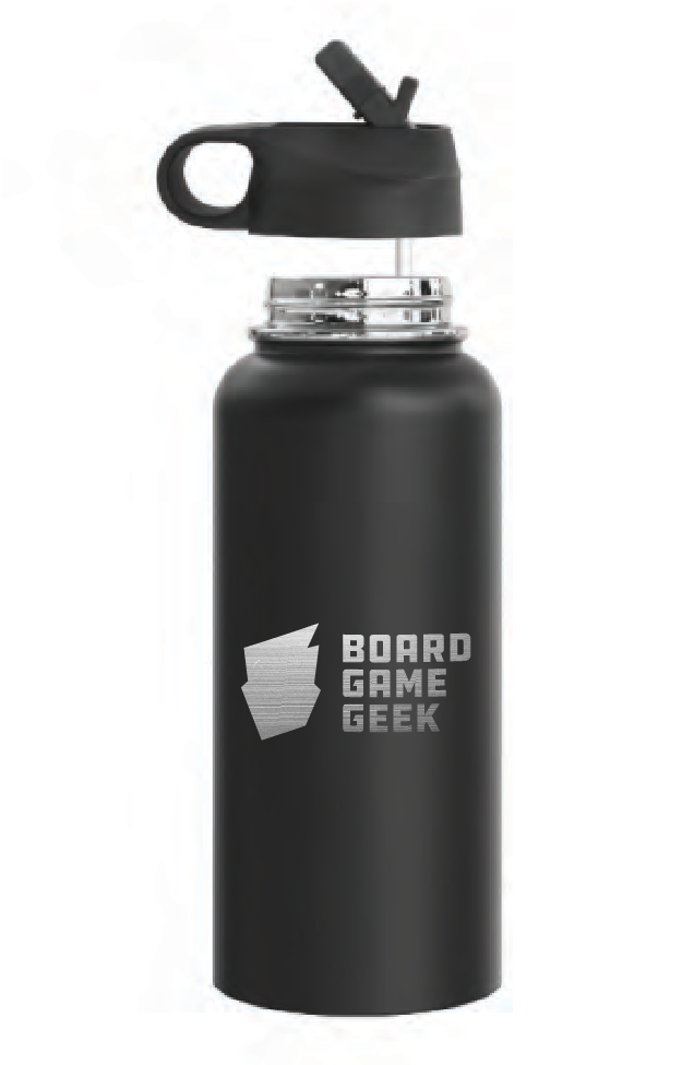 A diagram photo of a black, metal water bottle, with a screw top, flip lid, and clear straw, all on a white background. The center of the bottle displays a silver logo and the words "BoardGameGeek".