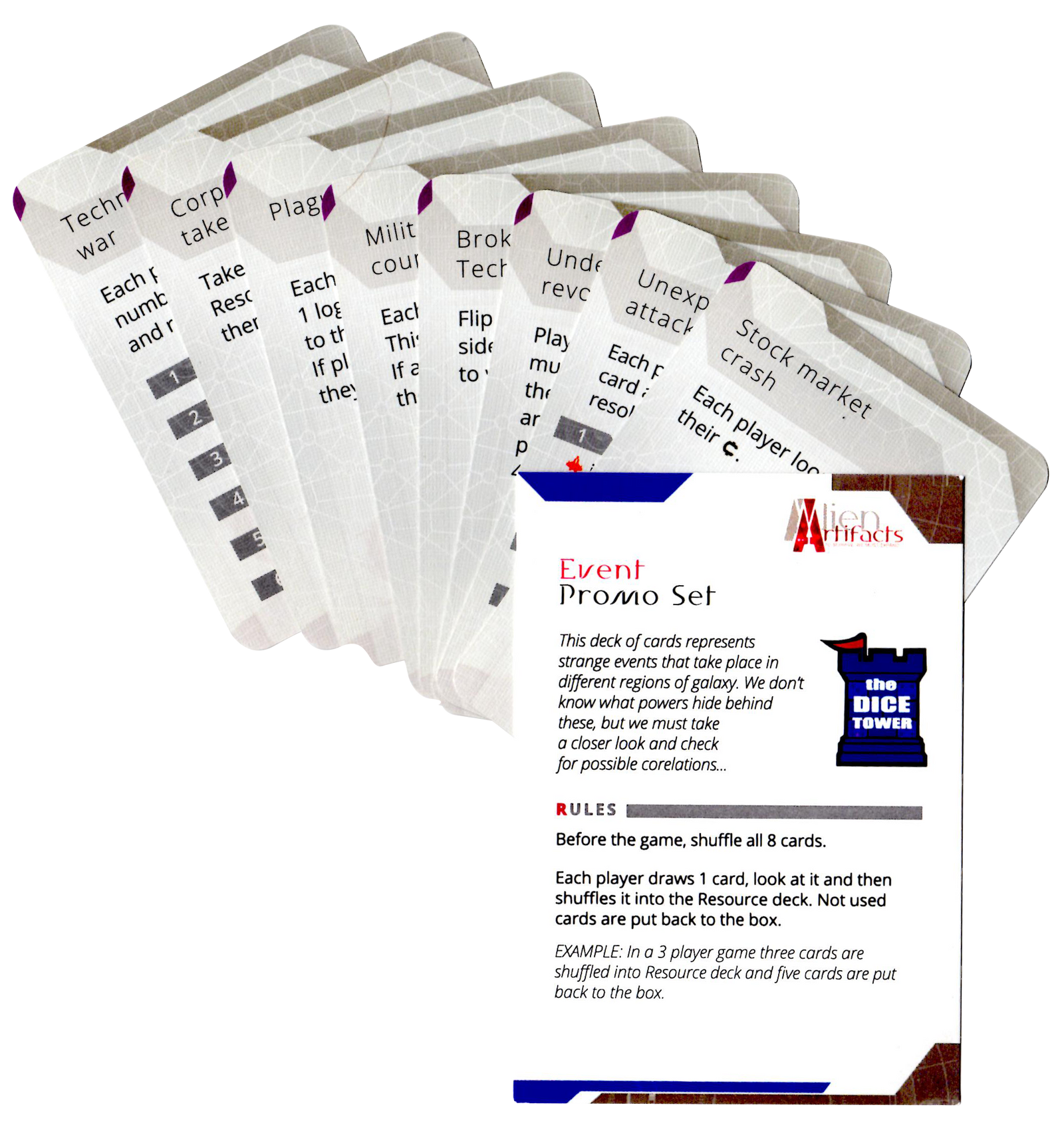 A fan of eight cards and an instruction sheet for use with the board game Alien Artifacts. The instruction sheet displays The Dice Tower logo.